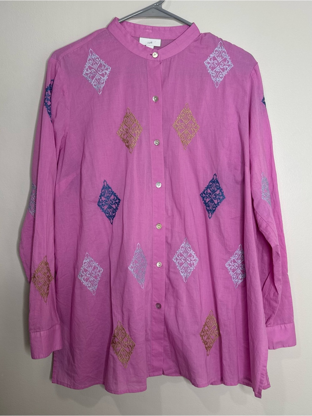 J.Jill Pink Cotton Lightweight‎ Embroidered Boho Button Up Tunic Blouse Small